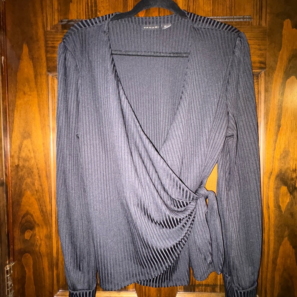 Tahari Black V-Neck Faux Wrap Top